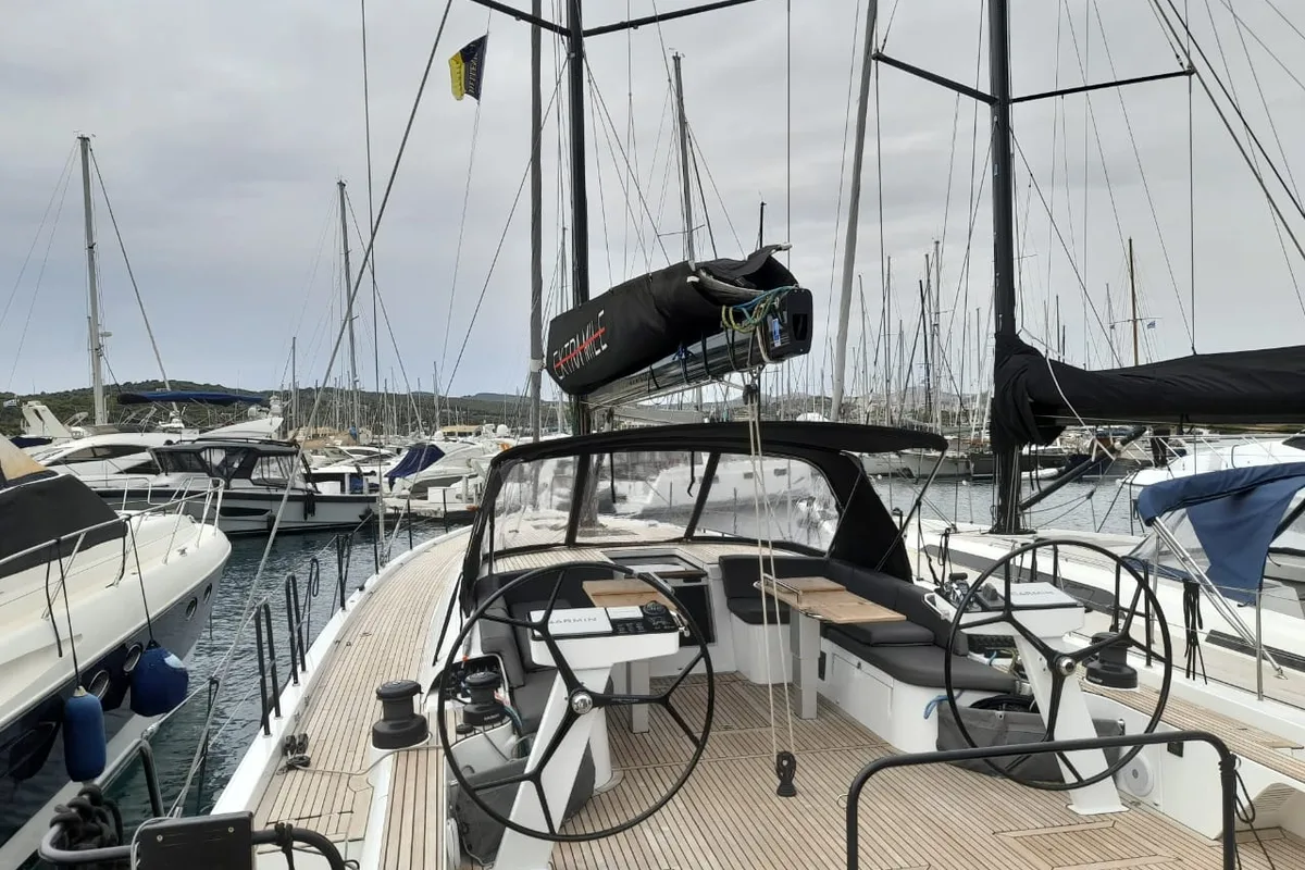 Cockpit of Extra mile, a Beneteau First 53 sailboat at Lavrion, Greece