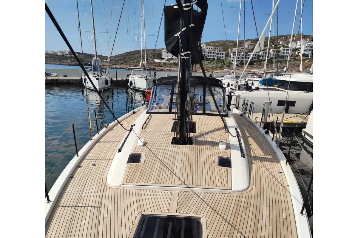 Deck of Extra mile, a Beneteau First 53 sailboat at Lavrion, Greece