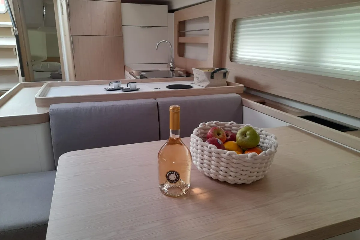 Salon of Extra mile, a Beneteau First 53 sailboat at Lavrion, Greece