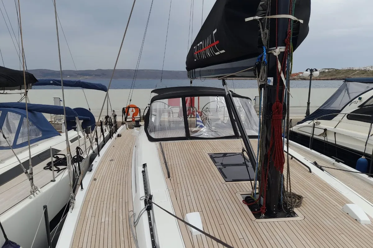 Deck of Extra mile, a Beneteau First 53 sailboat at Lavrion, Greece