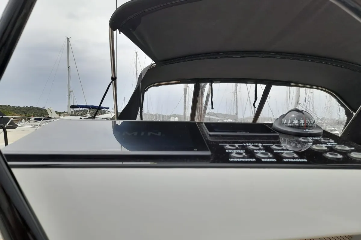 Cockpit of Extra mile, a Beneteau First 53 sailboat at Lavrion, Greece