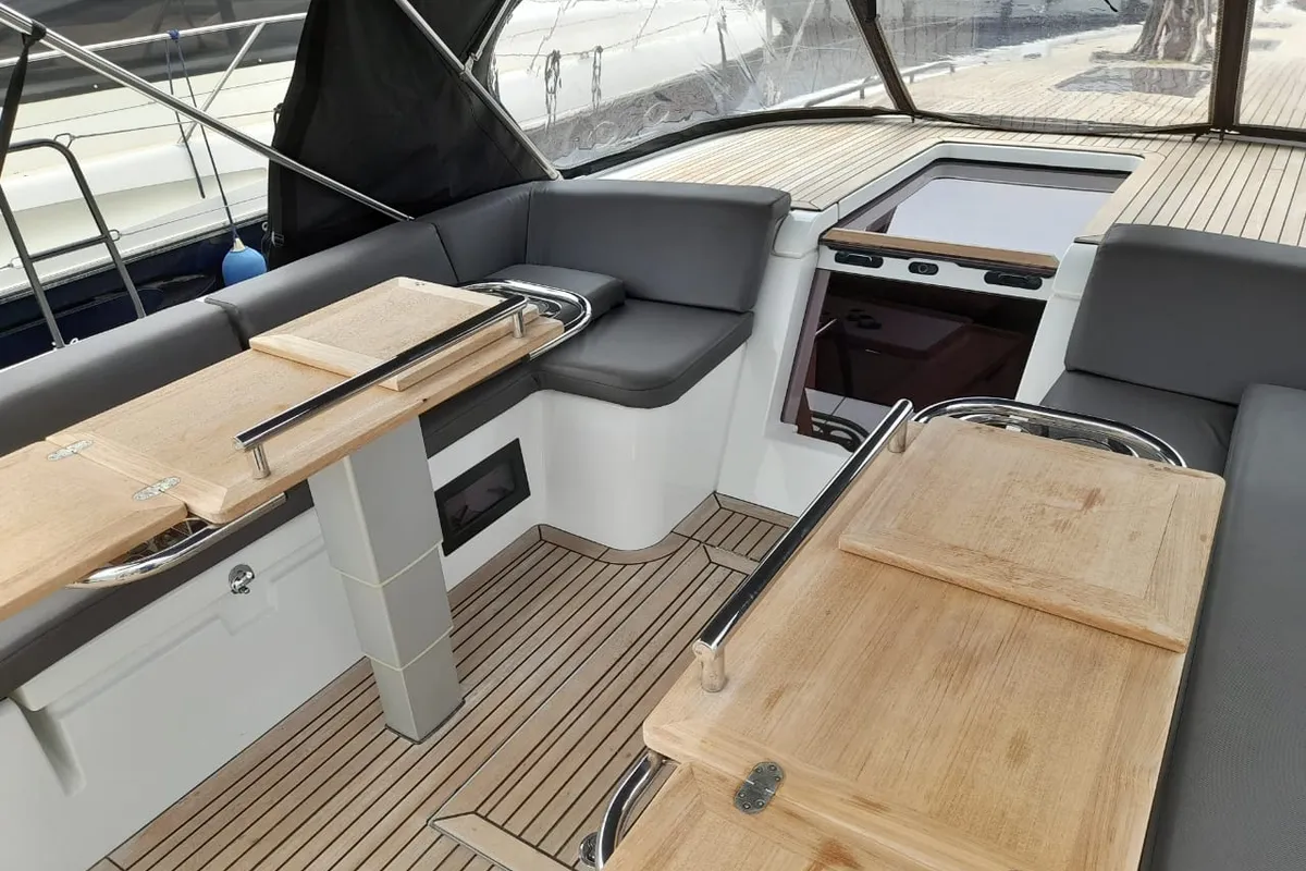 Deck of Extra mile, a Beneteau First 53 sailboat at Lavrion, Greece