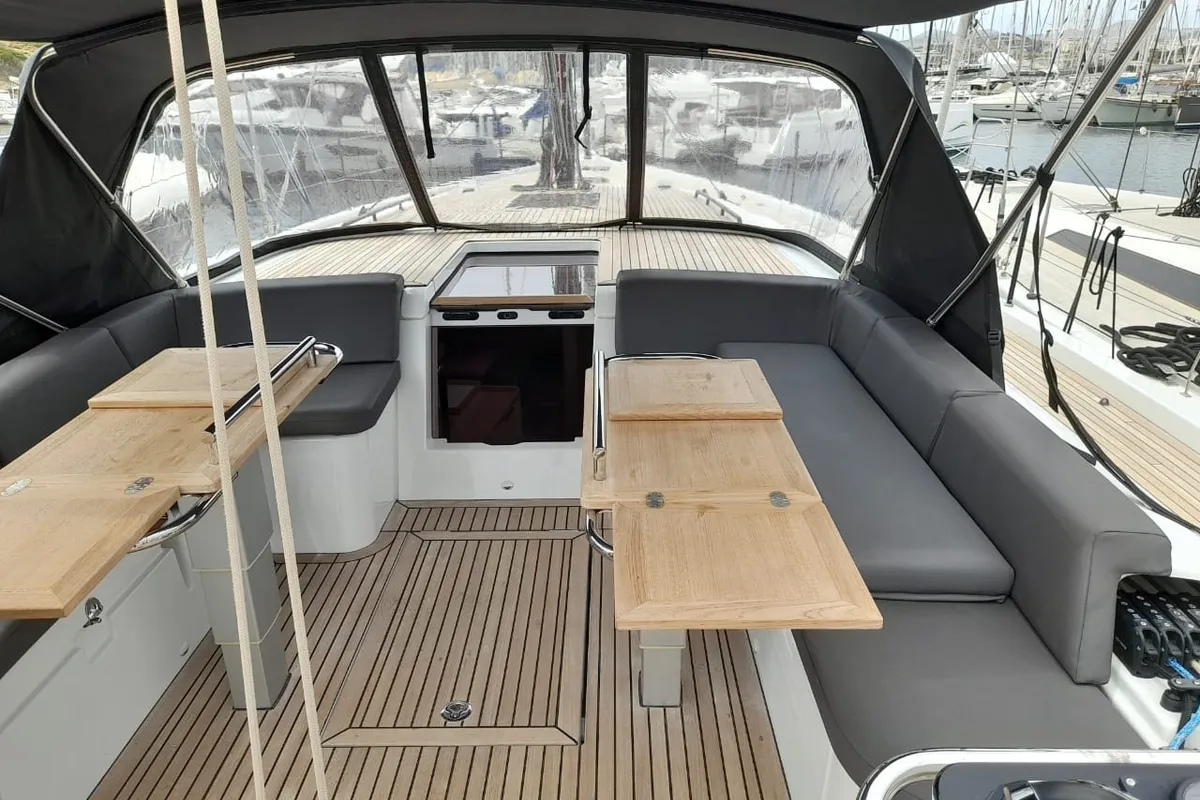 Deck of Extra mile, a Beneteau First 53 sailboat at Lavrion, Greece