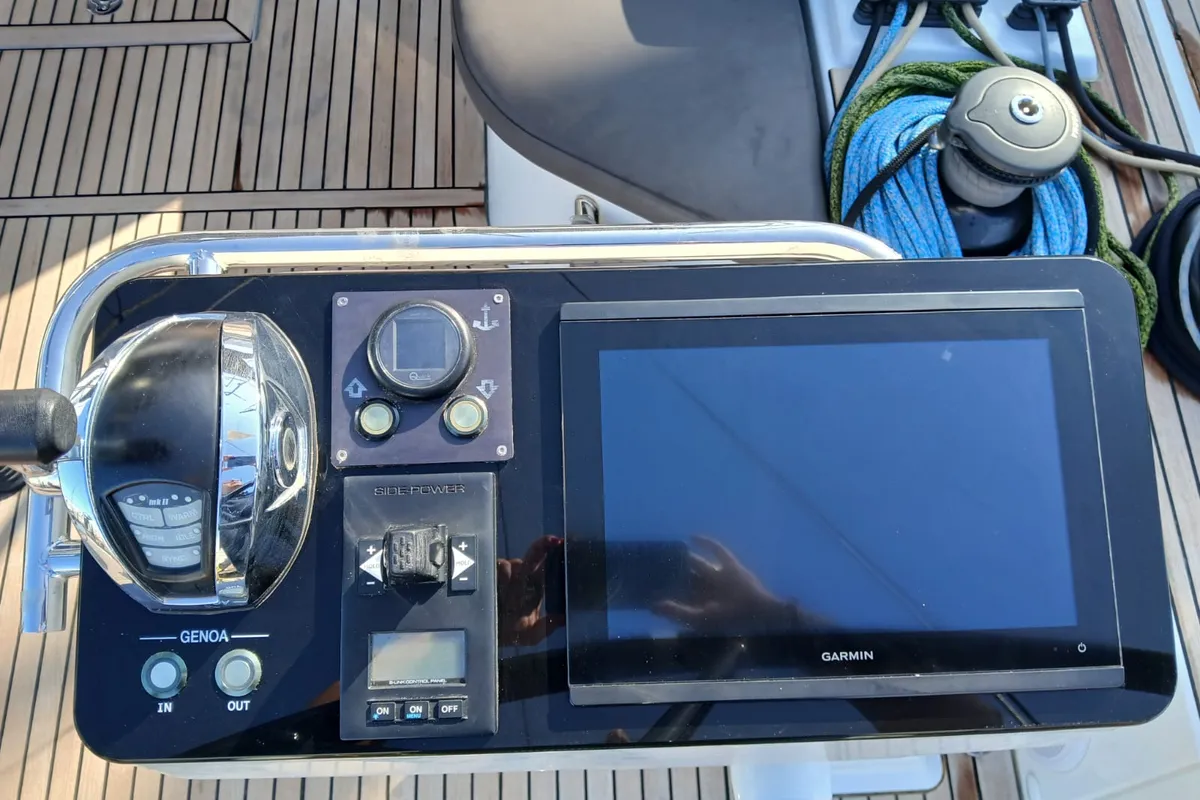 Cockpit of Extra mile, a Beneteau First 53 sailboat at Lavrion, Greece