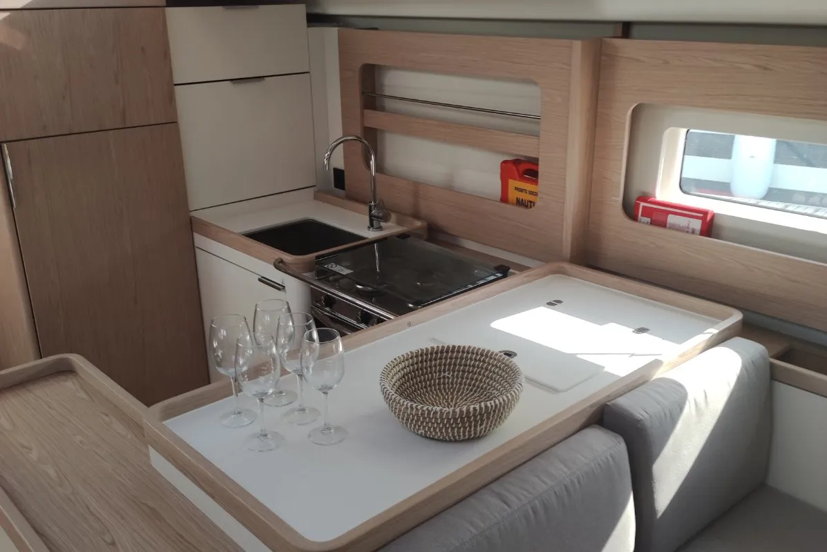 Galley of Extra mile, a Beneteau First 53 sailboat at Lavrion, Greece