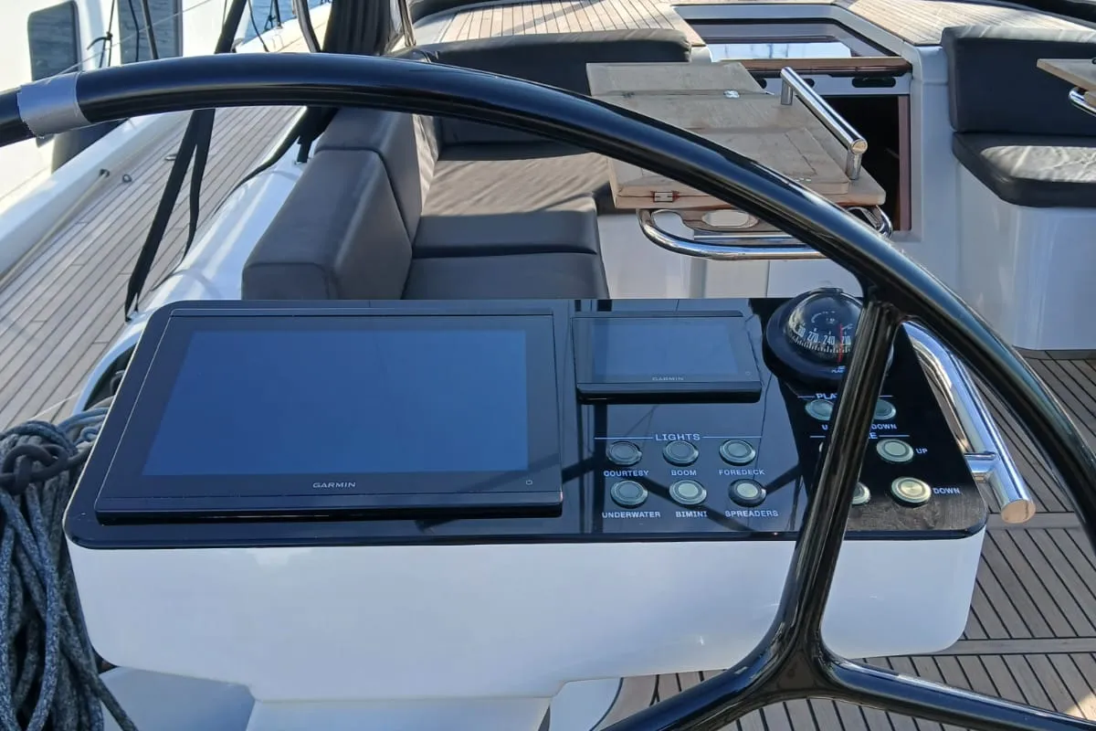 Cockpit of Extra mile, a Beneteau First 53 sailboat at Lavrion, Greece