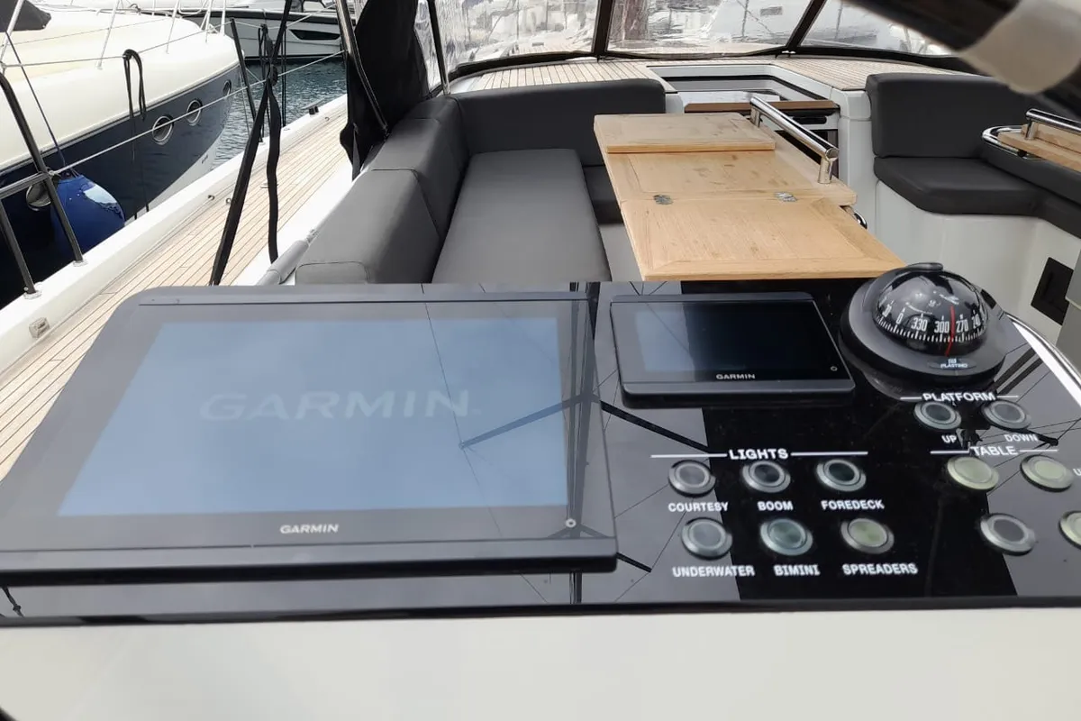 Cockpit of Extra mile, a Beneteau First 53 sailboat at Lavrion, Greece