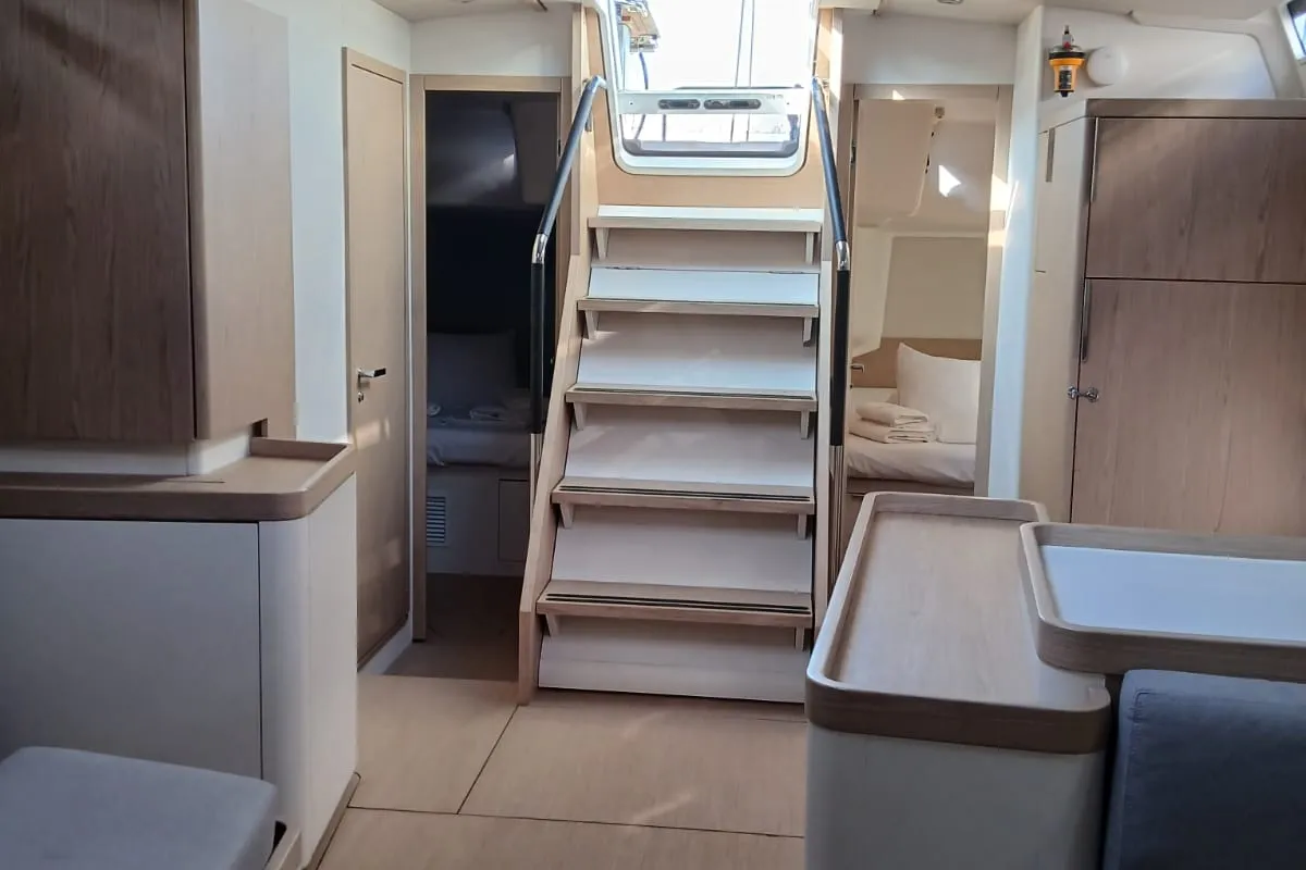 Salon of Extra mile, a Beneteau First 53 sailboat at Lavrion, Greece