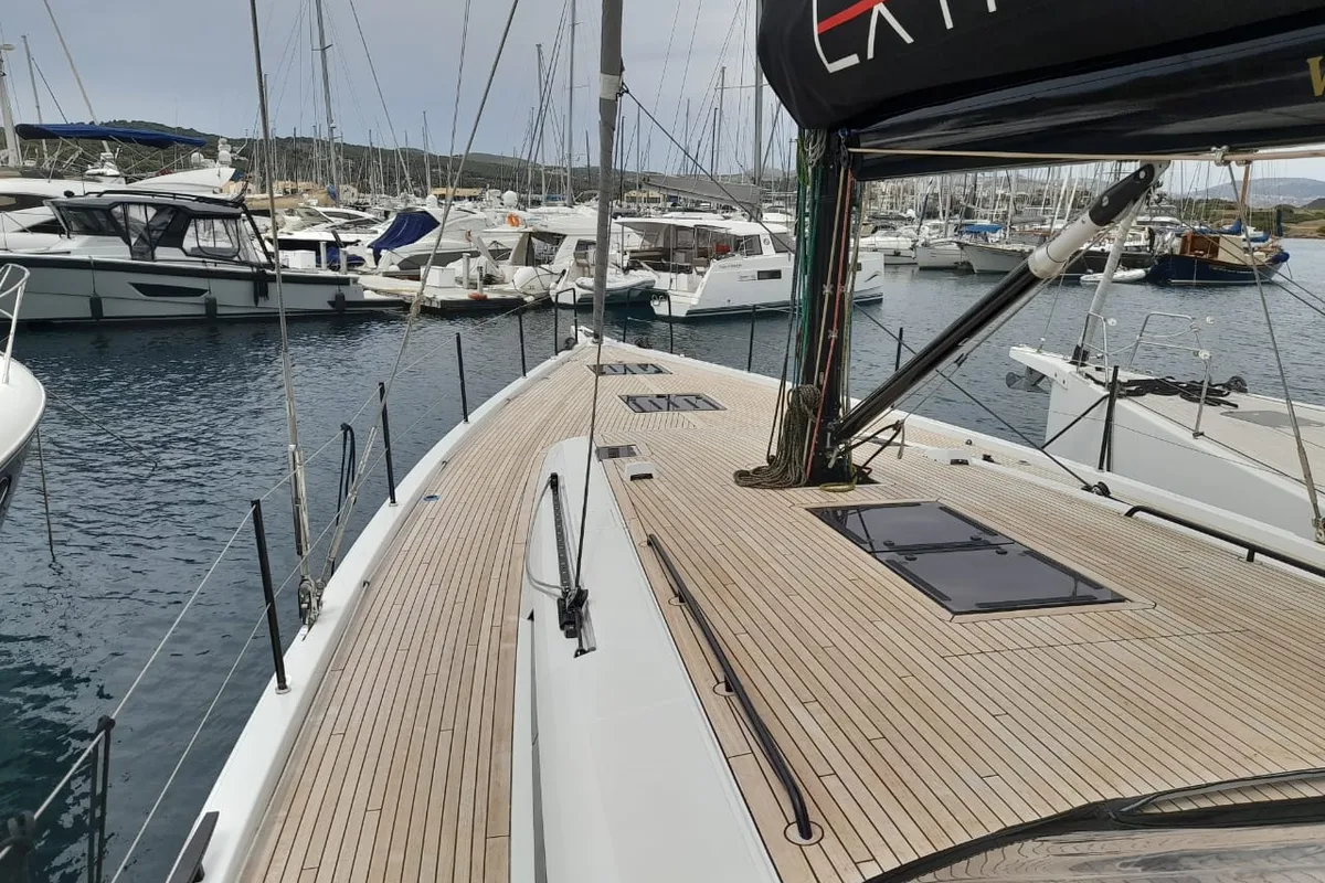 Deck of Extra mile, a Beneteau First 53 sailboat at Lavrion, Greece