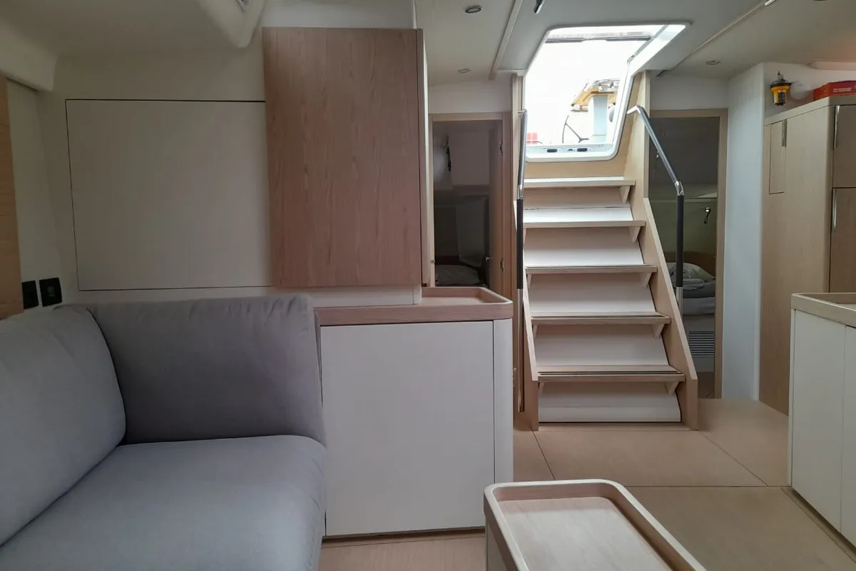Salon of Extra mile, a Beneteau First 53 sailboat at Lavrion, Greece