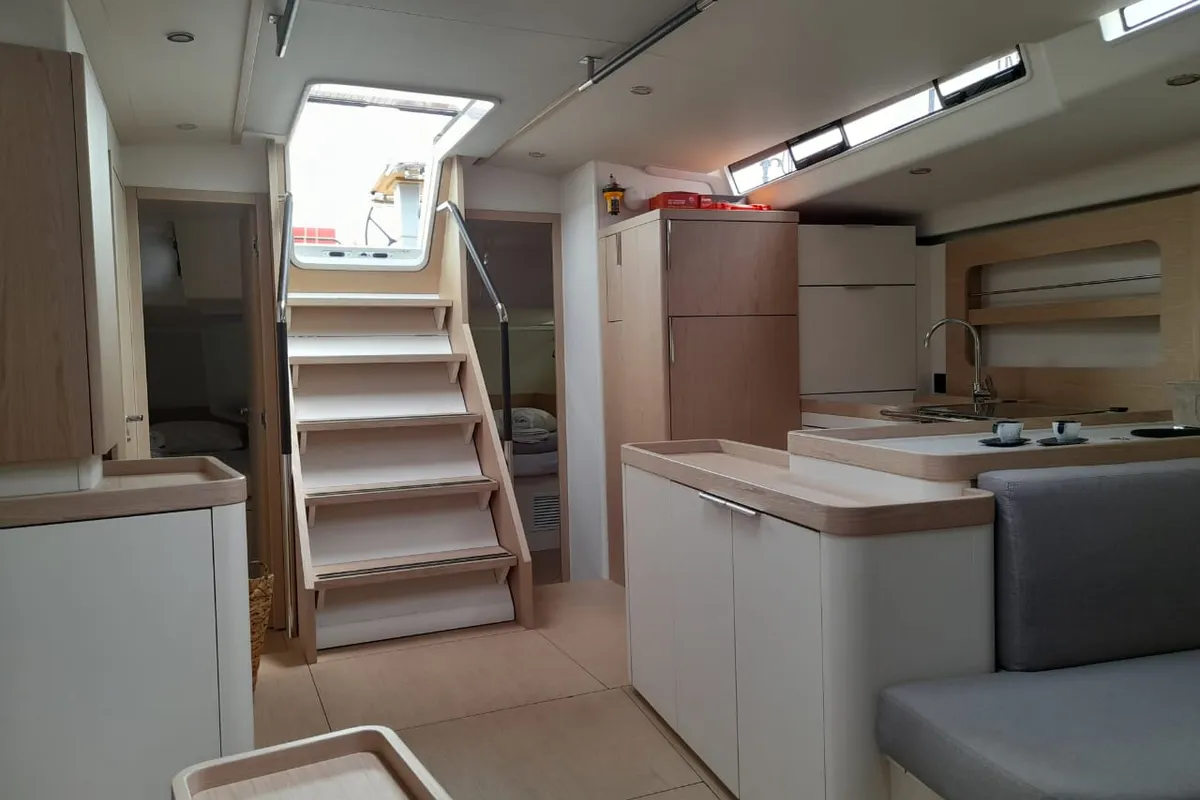 Salon of Extra mile, a Beneteau First 53 sailboat at Lavrion, Greece