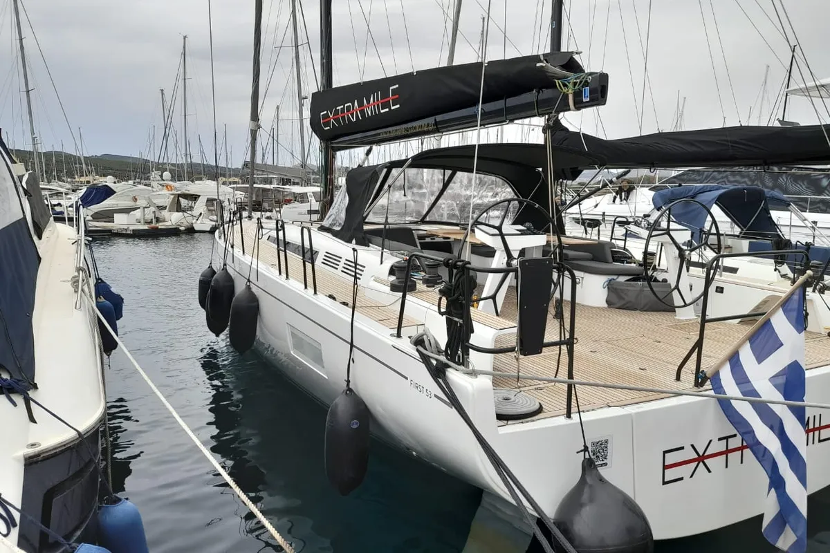 Exterior view of Extra mile, a Beneteau First 53 sailboat at Lavrion, Greece