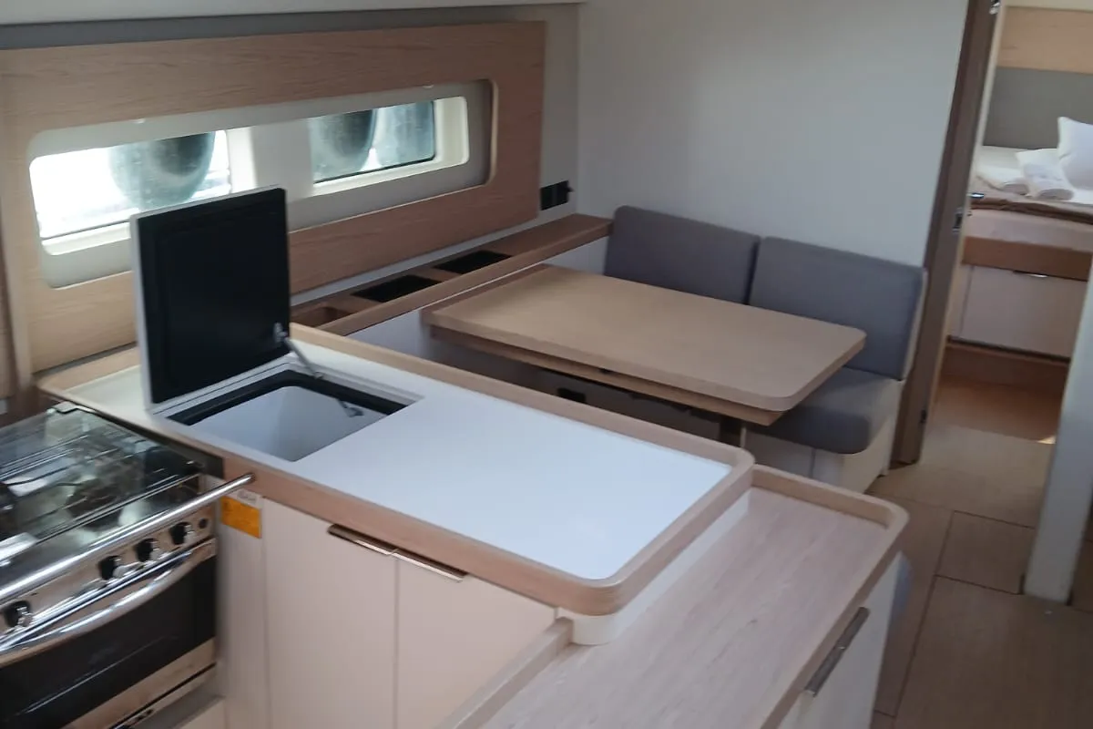 Galley of Extra mile, a Beneteau First 53 sailboat at Lavrion, Greece