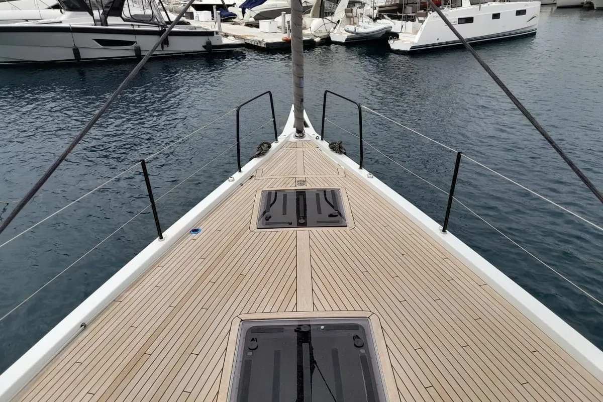 Deck of Extra mile, a Beneteau First 53 sailboat at Lavrion, Greece