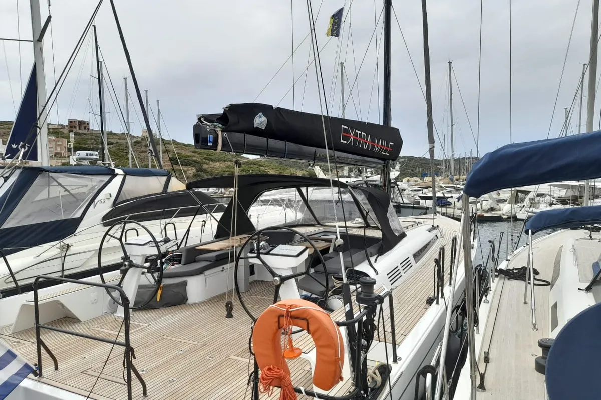 Exterior view of Extra mile, a Beneteau First 53 sailboat at Lavrion, Greece
