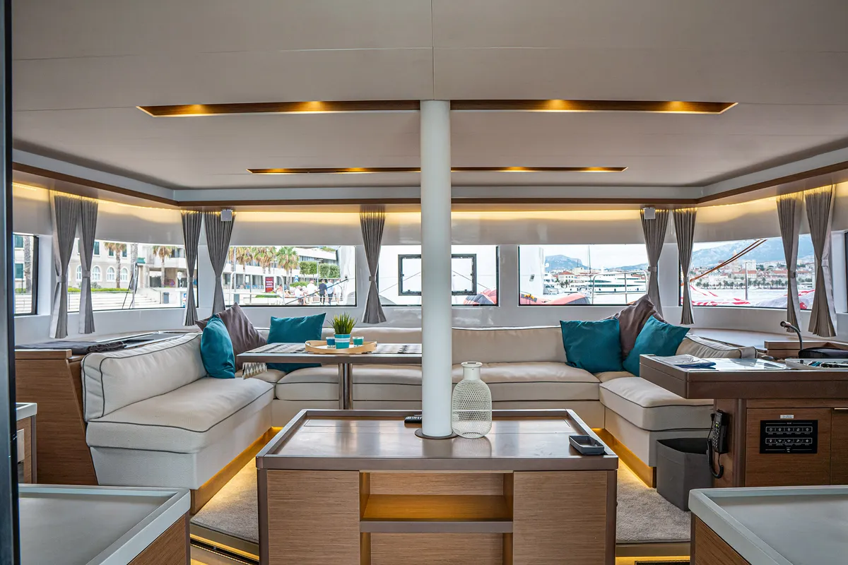 Salon of Princess Kiss, a Lagoon 50 catamaran at Grad Kaštela, Croatia