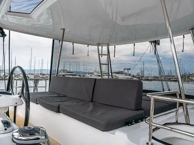 Cockpit of Princess Kiss, a Lagoon 50 catamaran at Grad Kaštela, Croatia