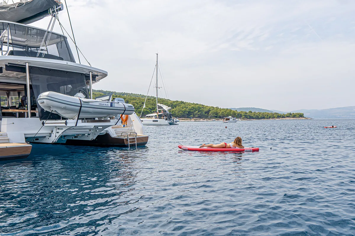 Exterior view of Princess Kiss, a Lagoon 50 catamaran at Grad Kaštela, Croatia