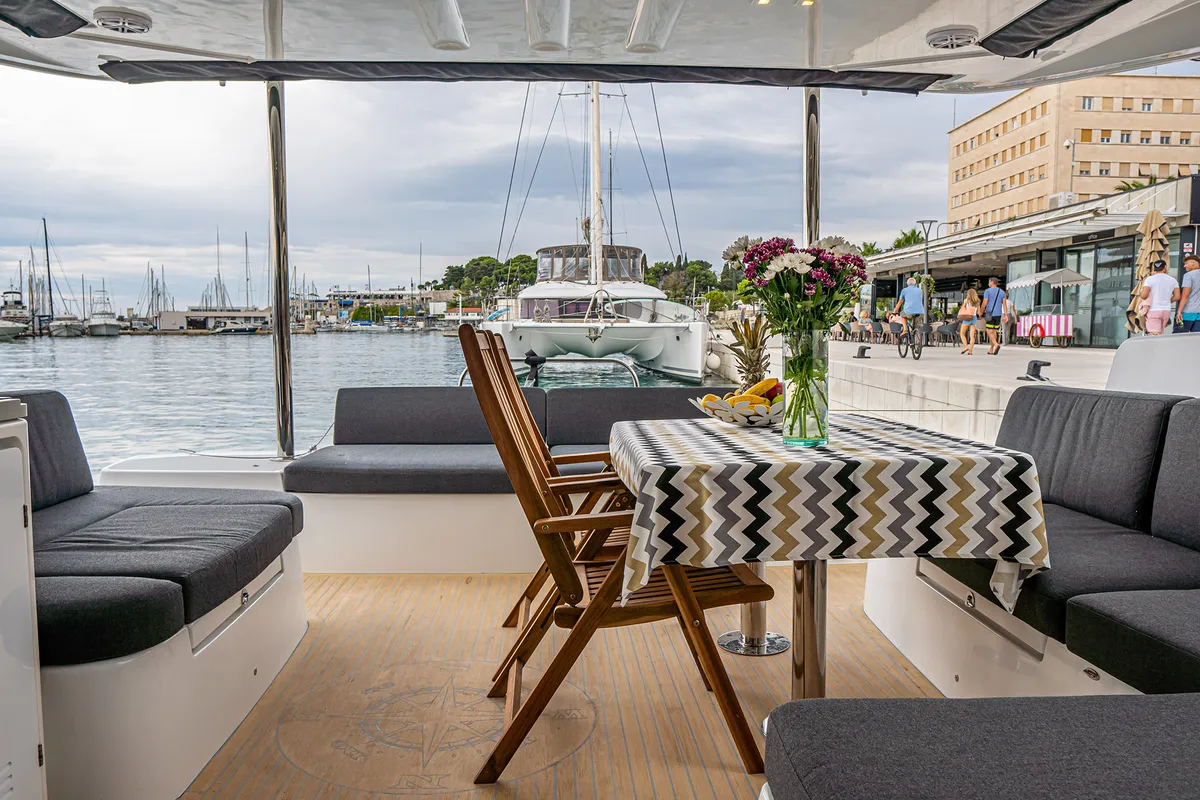 Deck of Princess Kiss, a Lagoon 50 catamaran at Grad Kaštela, Croatia
