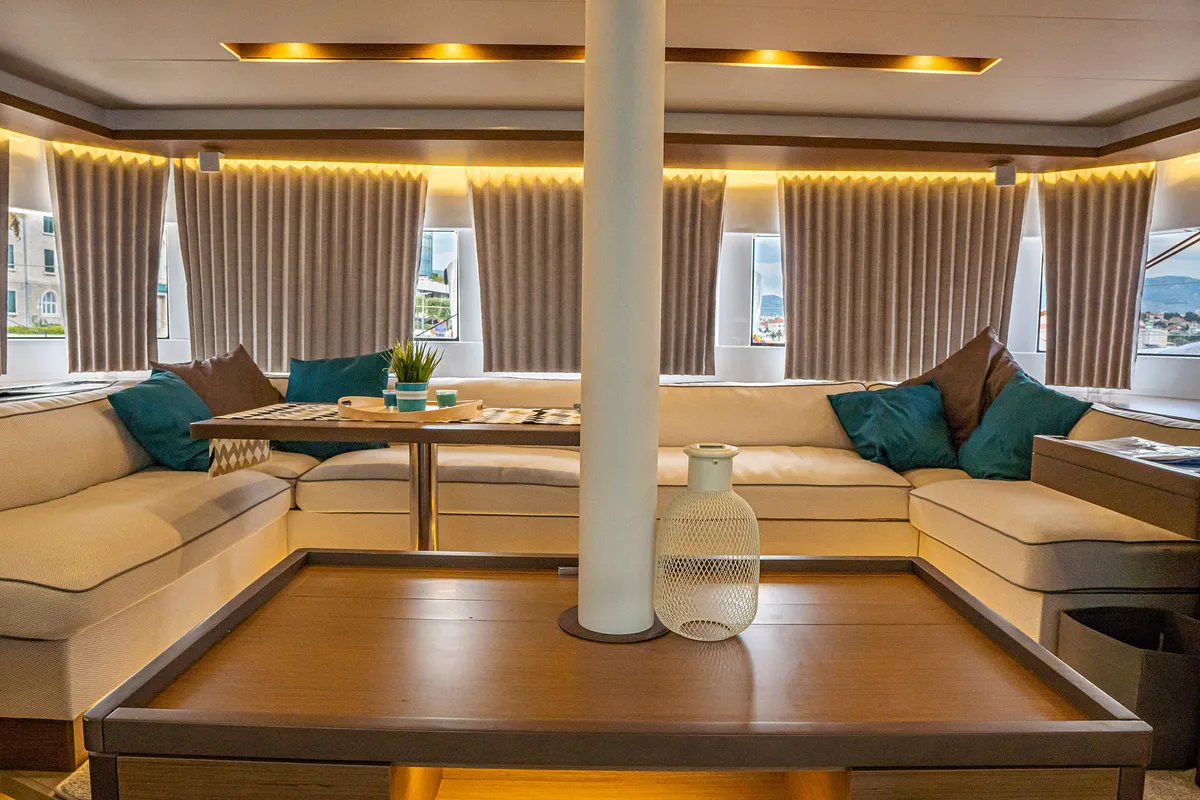 Salon of Princess Kiss, a Lagoon 50 catamaran at Grad Kaštela, Croatia