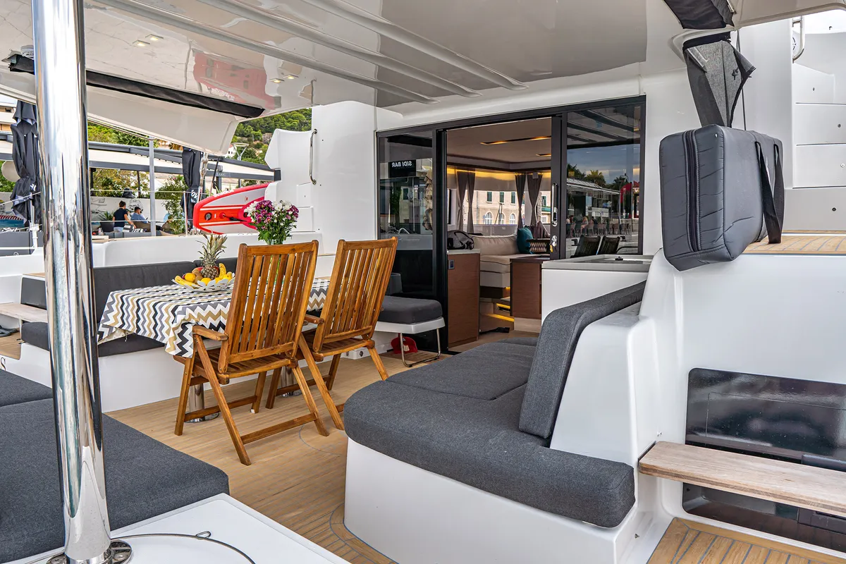 Deck of Princess Kiss, a Lagoon 50 catamaran at Grad Kaštela, Croatia