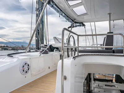 Deck of Princess Kiss, a Lagoon 50 catamaran at Grad Kaštela, Croatia