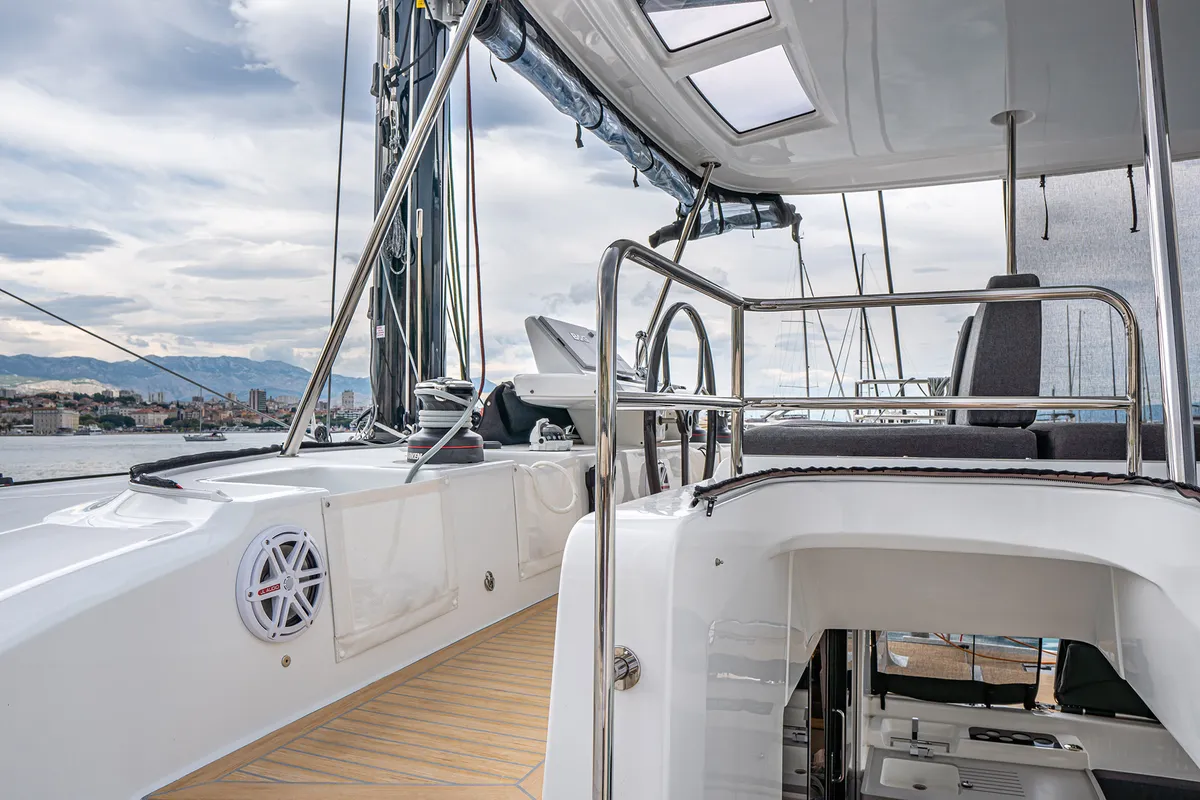 Deck of Princess Kiss, a Lagoon 50 catamaran at Grad Kaštela, Croatia