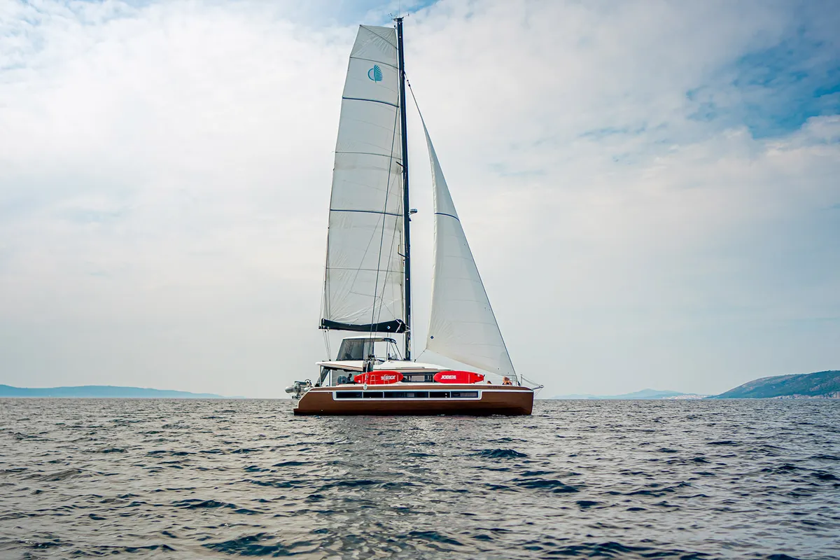 Exterior view of Princess Kiss, a Lagoon 50 catamaran at Grad Kaštela, Croatia