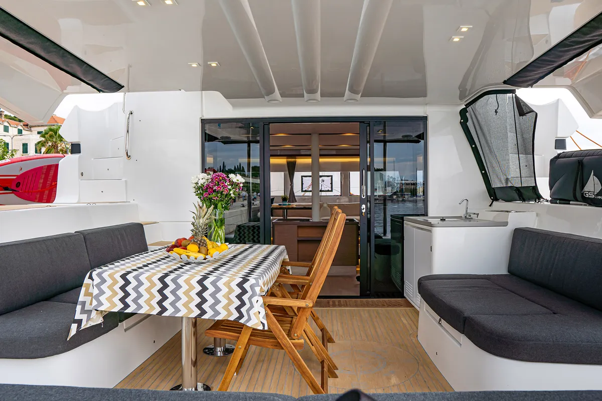 Deck of Princess Kiss, a Lagoon 50 catamaran at Grad Kaštela, Croatia