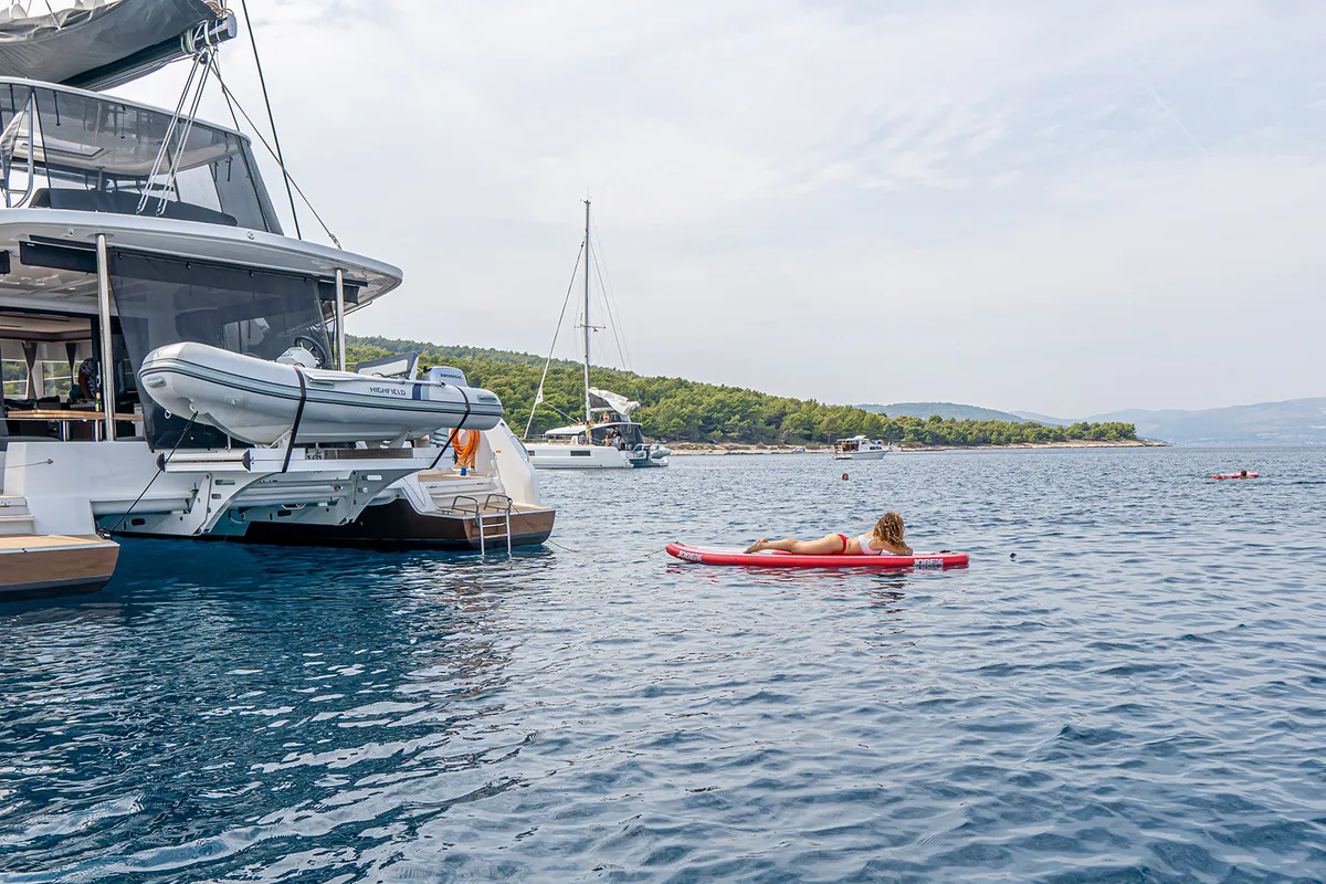 Exterior view of Princess Kiss, a Lagoon 50 catamaran at Grad Kaštela, Croatia