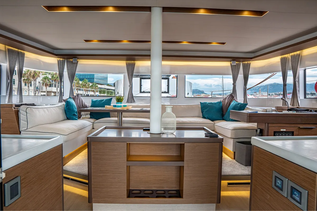 Salon of Princess Kiss, a Lagoon 50 catamaran at Grad Kaštela, Croatia