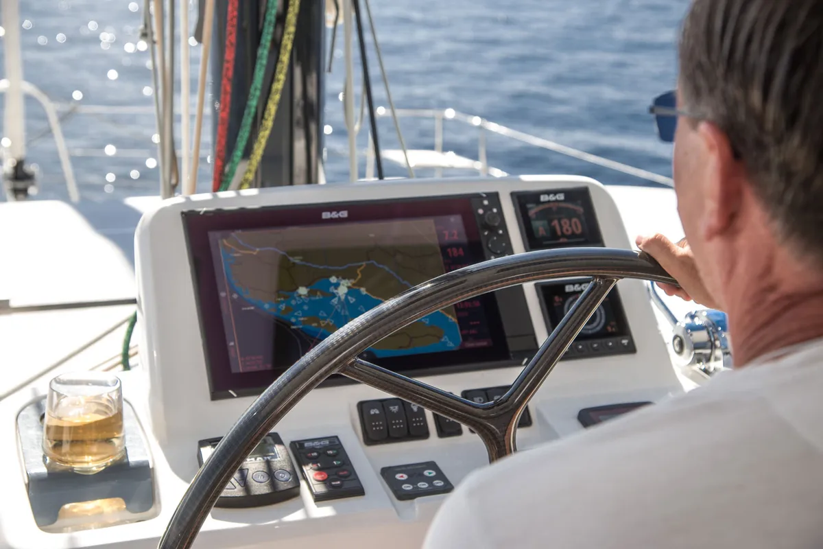 Cockpit of Princess Kiss, a Lagoon 50 catamaran at Grad Kaštela, Croatia