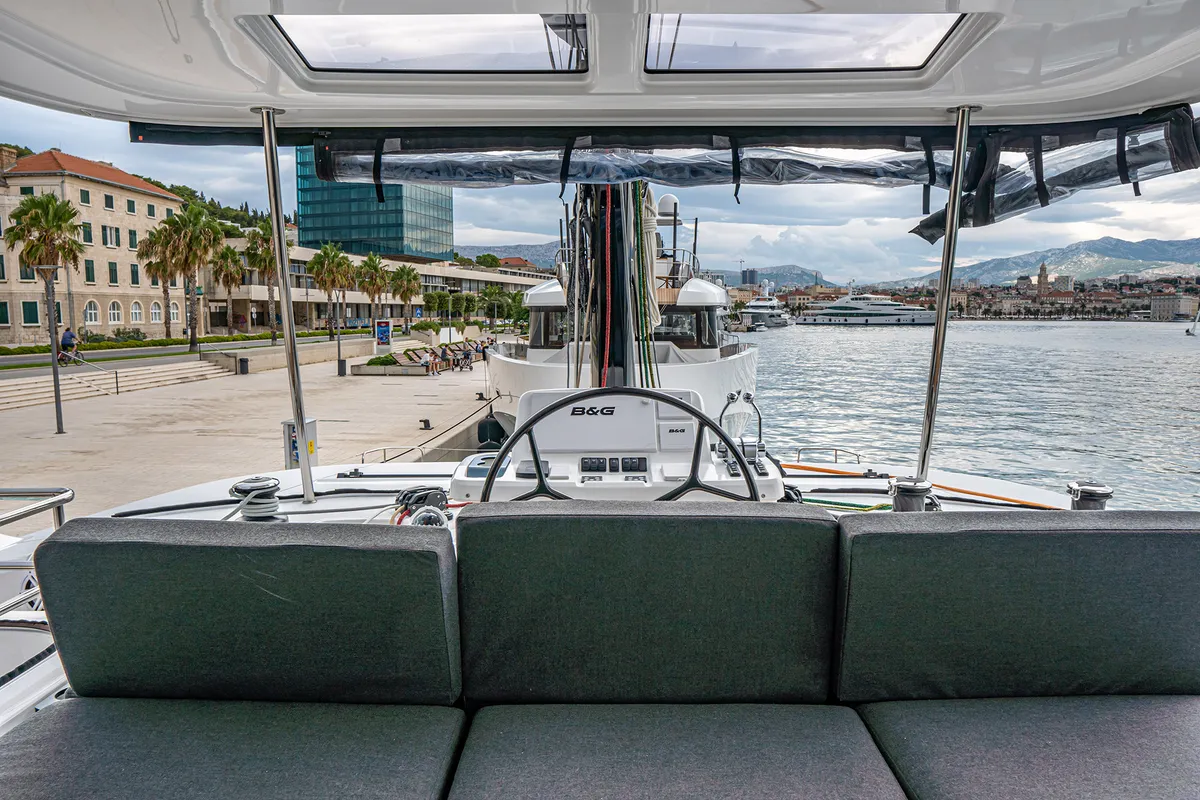 Cockpit of Princess Kiss, a Lagoon 50 catamaran at Grad Kaštela, Croatia