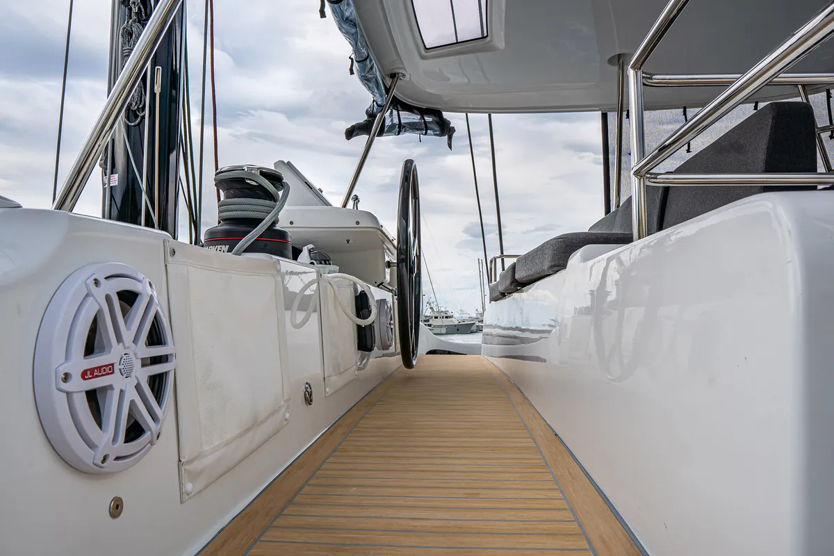 Deck of Princess Kiss, a Lagoon 50 catamaran at Grad Kaštela, Croatia