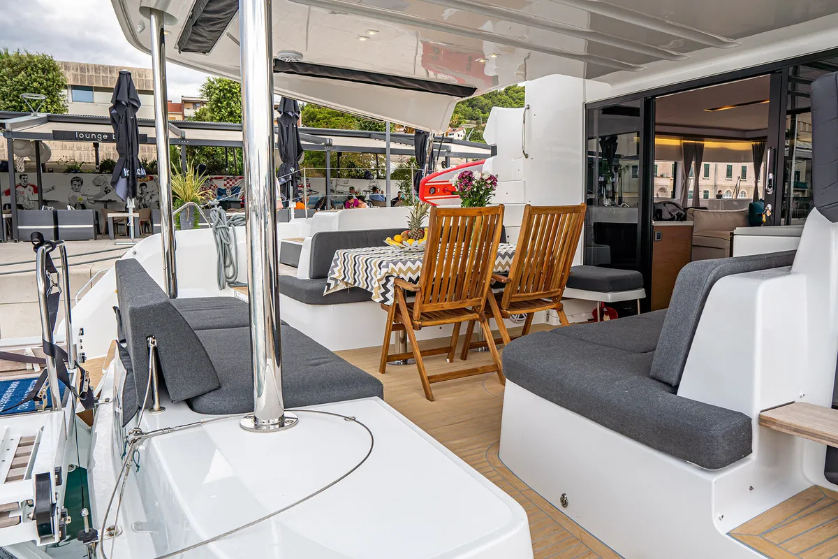 Deck of Princess Kiss, a Lagoon 50 catamaran at Grad Kaštela, Croatia