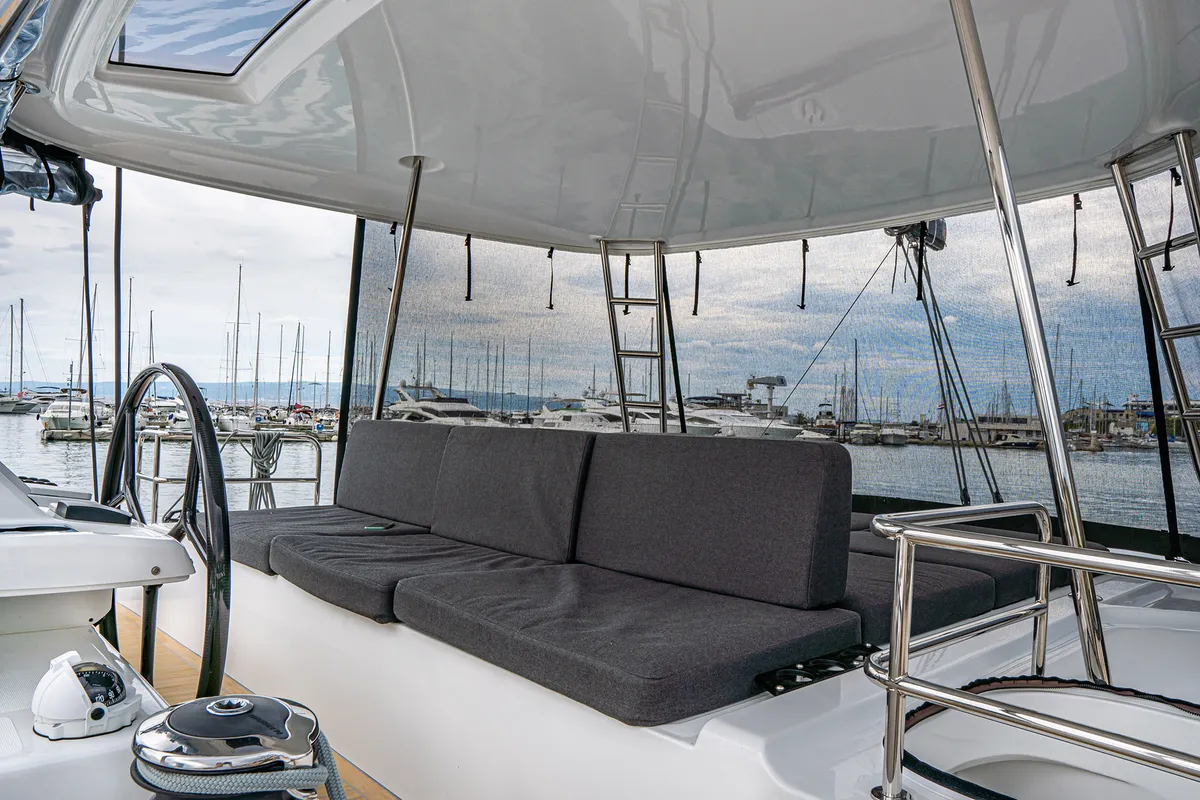 Cockpit of Princess Kiss, a Lagoon 50 catamaran at Grad Kaštela, Croatia