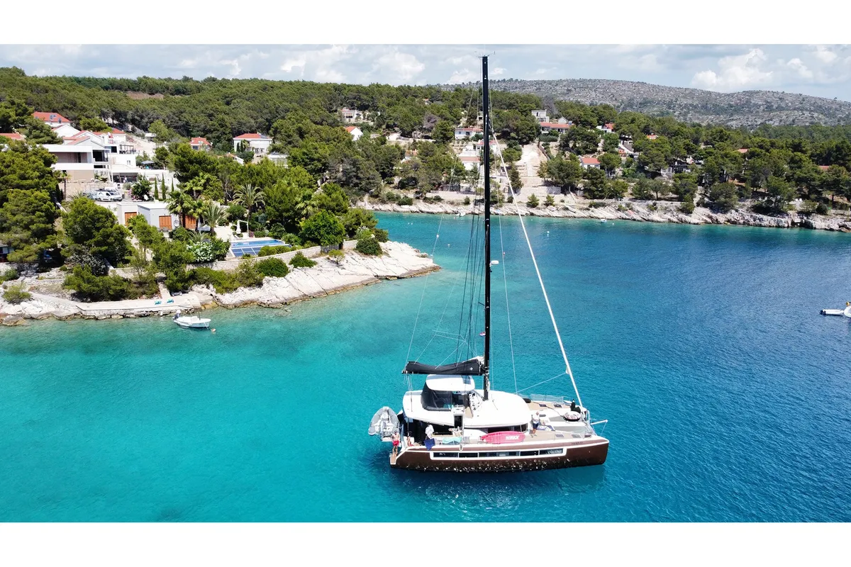 Exterior view of Princess Kiss, a Lagoon 50 catamaran at Grad Kaštela, Croatia