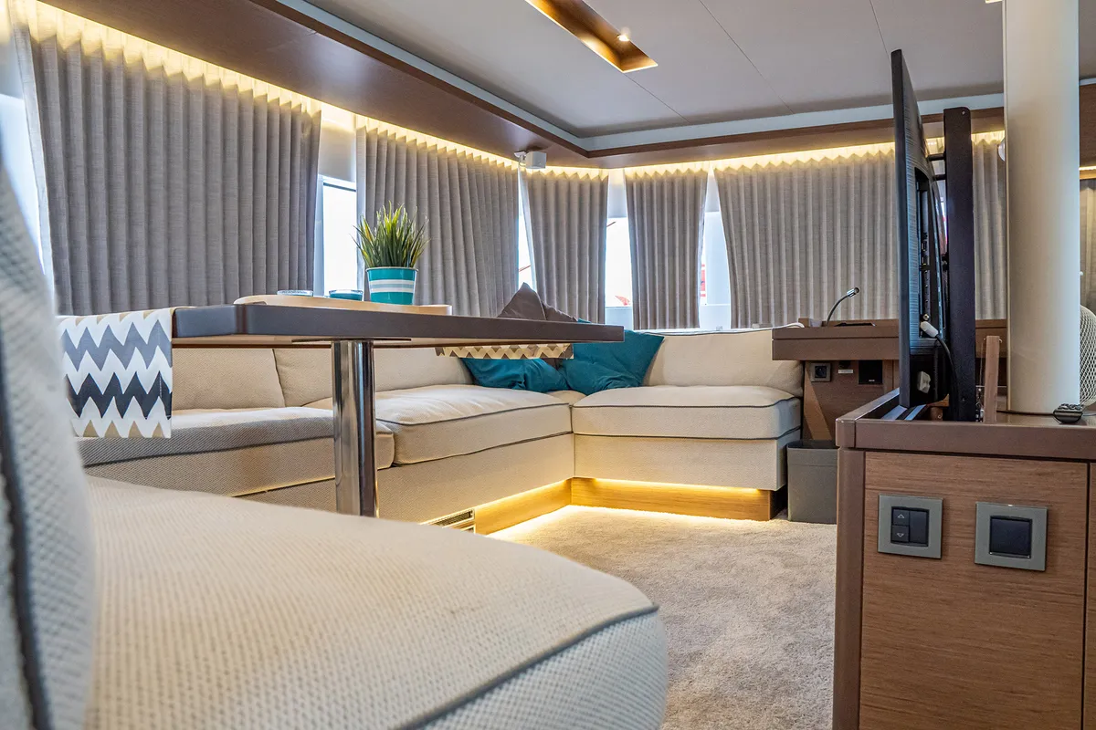 Salon of Princess Kiss, a Lagoon 50 catamaran at Grad Kaštela, Croatia