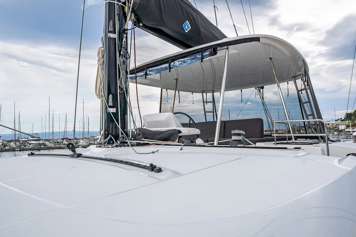 Deck of Princess Kiss, a Lagoon 50 catamaran at Grad Kaštela, Croatia