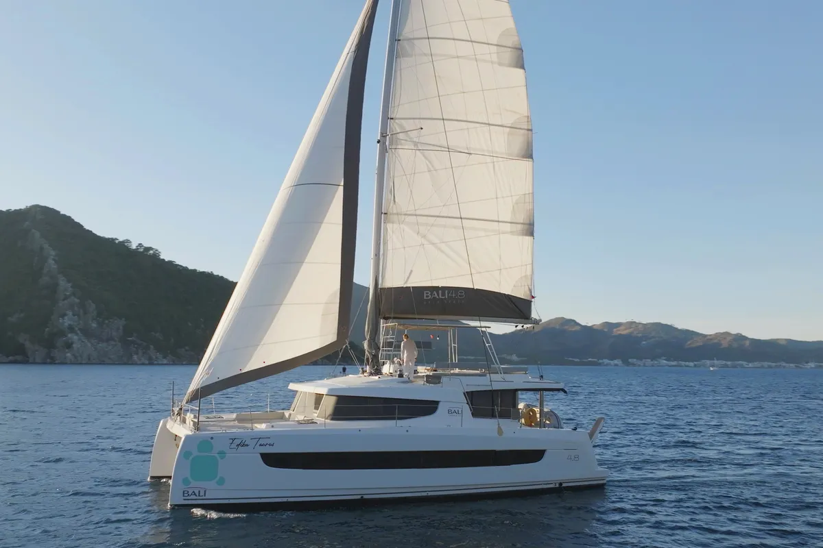Exterior view of Taurus, a Bali 4.8 catamaran at Marmaris, Turkey