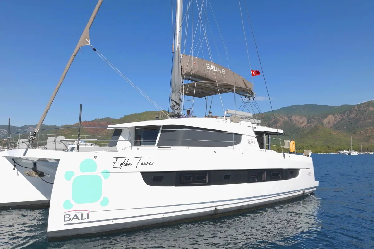 Exterior view of Taurus, a Bali 4.8 catamaran at Marmaris, Turkey