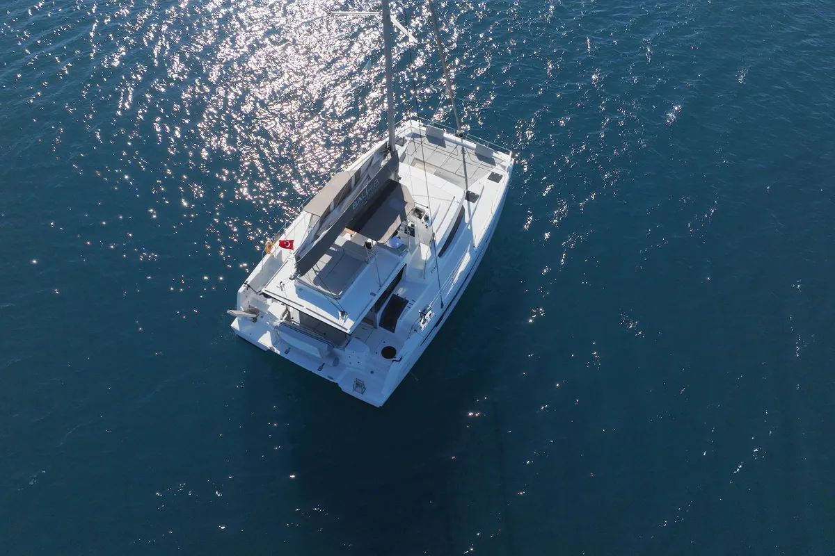 Exterior view of Taurus, a Bali 4.8 catamaran at Marmaris, Turkey