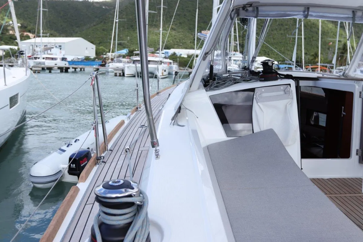 Deck of Arun, a Beneteau Oceanis 38.1 sailboat at Road Town, British Virgin Islands