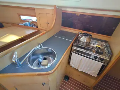Galley of Maria Iskit, a Gulet Sail boat sailboat at Saint-Cast-le-Guildo, France