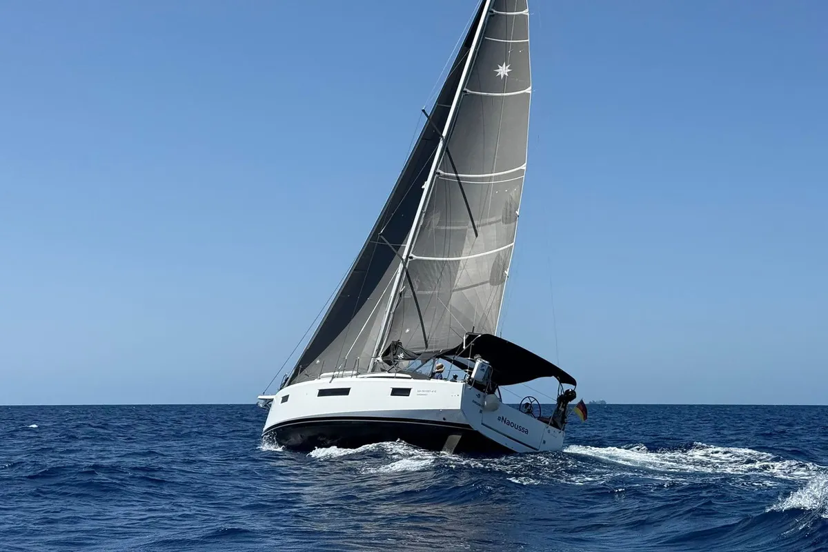 Exterior view of Naoussa, a Jeanneau Sun Odyssey 410 sailboat at Palma de Mallorca, Spain