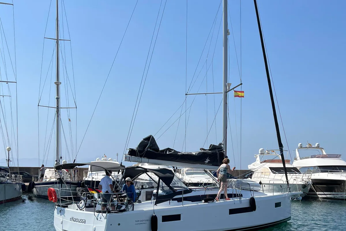 Exterior view of Naoussa, a Jeanneau Sun Odyssey 410 sailboat at Palma de Mallorca, Spain