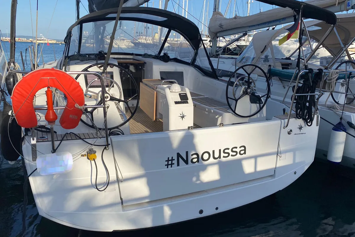 Cockpit of Naoussa, a Jeanneau Sun Odyssey 410 sailboat at Palma de Mallorca, Spain