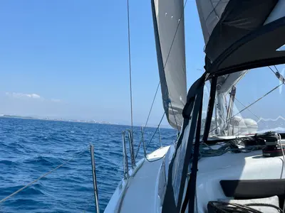 Deck of Naoussa, a Jeanneau Sun Odyssey 410 sailboat at Palma de Mallorca, Spain