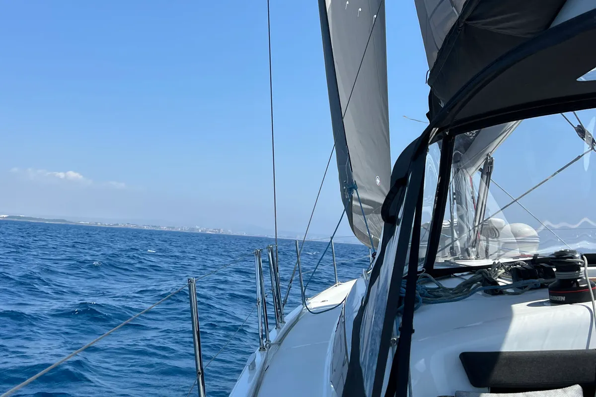 Deck of Naoussa, a Jeanneau Sun Odyssey 410 sailboat at Palma de Mallorca, Spain