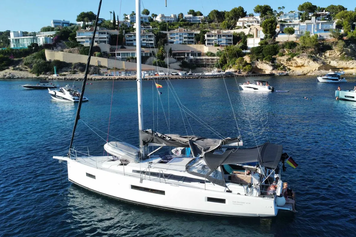 Exterior view of Naoussa, a Jeanneau Sun Odyssey 410 sailboat at Palma de Mallorca, Spain
